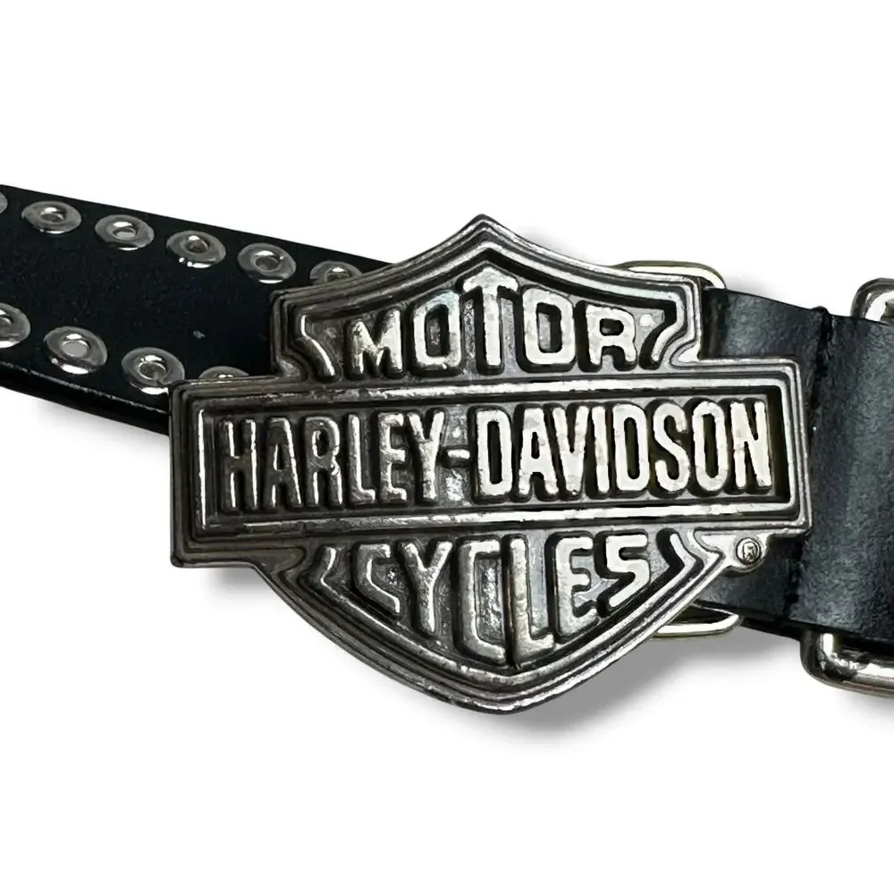 Vintage 90s Y2K Harley Davidson Studded Black Leather Belt Biker Sz 30